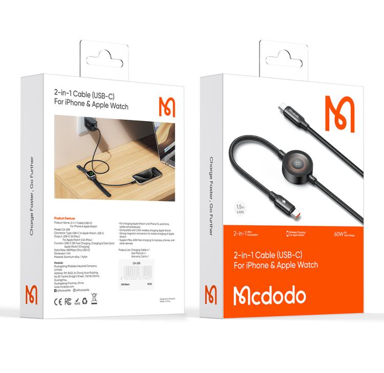 کابل شارژ تایپ سی به تایپ سی و اپل واچ مک دودو CA-2580 توان 60 وات