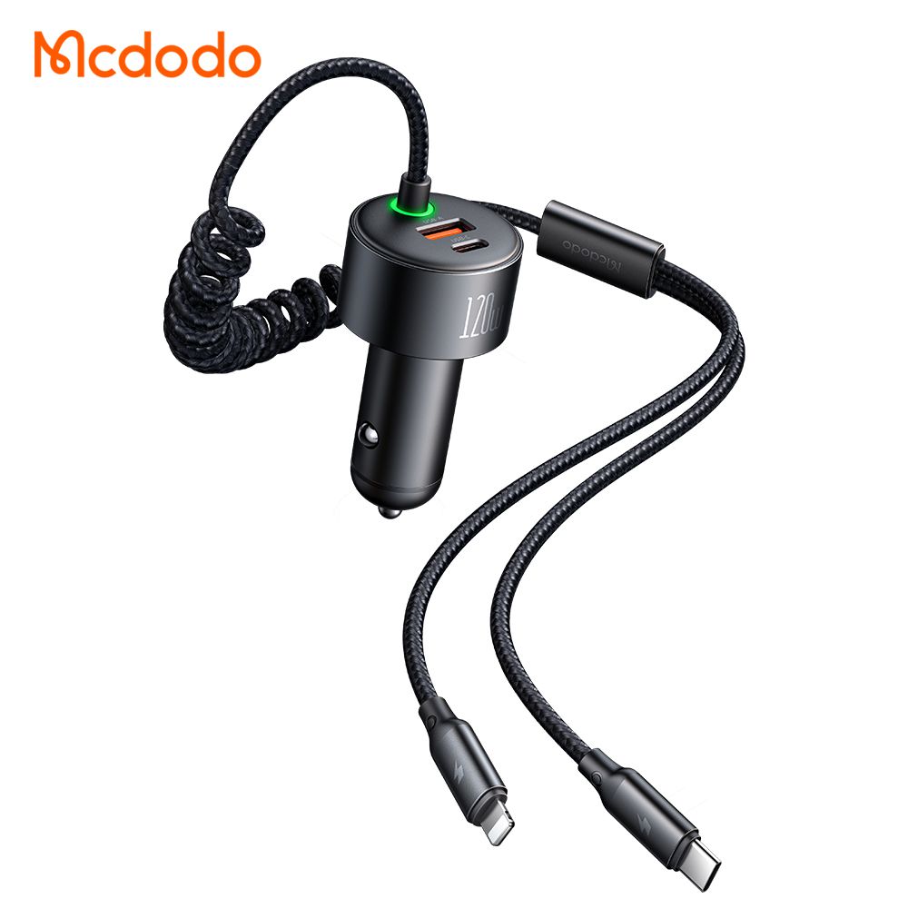 شارژر فندکی 2 پورت با 2 کابل متصل 120 وات مک دودو مدل CC-037