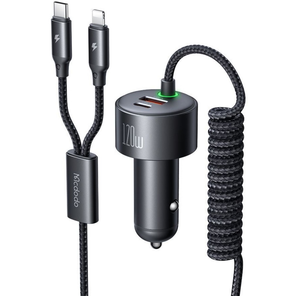 شارژر فندکی فست شارژ ماشین تایپ سی، لایتنینگ و یو اس بی 120 وات مک دودو CC-037