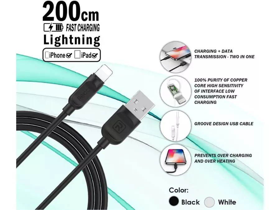 کابل تبدیل USB به لایتنینگ رسی مدل RCL-P200 طول 2 متر (Recci 2.1A Lightning 200 cm RCL-P200)
