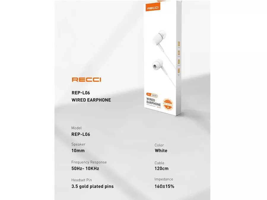 هدفون یا هندزفری رسی مدل REP-L06 با جک 3.5 میلی‌ متری (RECCI In-ear Wired Earphone REP-L06)