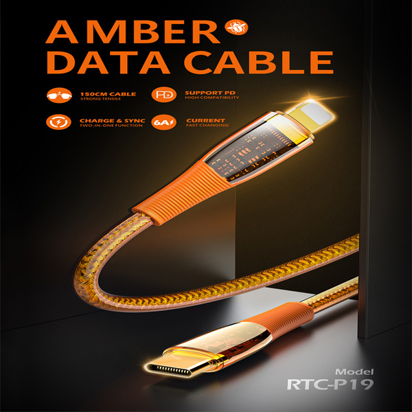 کابل تبدیل USB-C به لایتنینگ رسی مدل RTC-P19CL طول 1.5 متر (Recci Data Cable Amber USB-C to Lightning PD 20W 150cm RTC-P19CL)