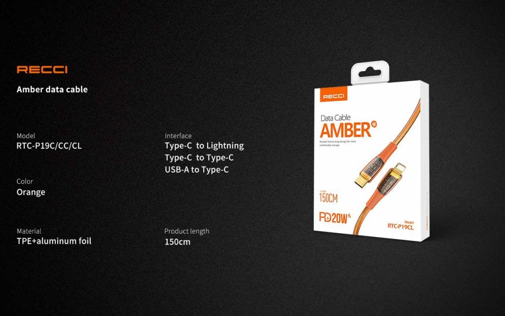 کابل تبدیل USB-C به لایتنینگ رسی مدل RTC-P19CL طول 1.5 متر (Recci Data Cable Amber USB-C to Lightning PD 20W 150cm RTC-P19CL)