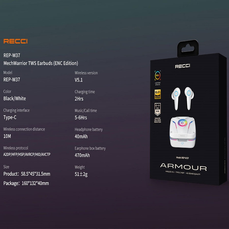 هندزفری مخصوص بازی بلوتوثی (بی سیم) رسی مدل REP-W37 Armour یا Recci MechWarrior TWS Earbuds ENC Edition