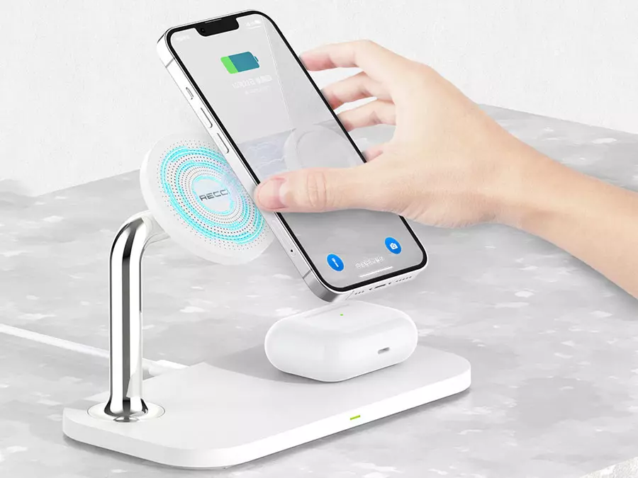 پایه نگهدارنده و شارژر بی سیم (وایرلس) گوشی موبایل رسی مدل RCW-20 یا Recci 3 in 1 Magnetic Wireless Charger RCW-20