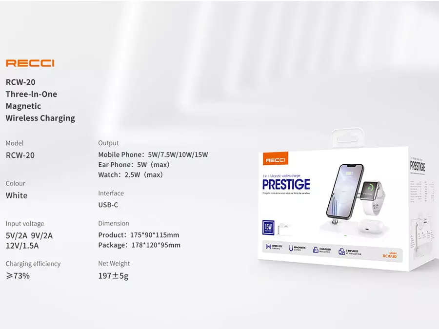 پایه نگهدارنده و شارژر بی سیم (وایرلس) گوشی موبایل رسی مدل RCW-20 یا Recci 3 in 1 Magnetic Wireless Charger RCW-20