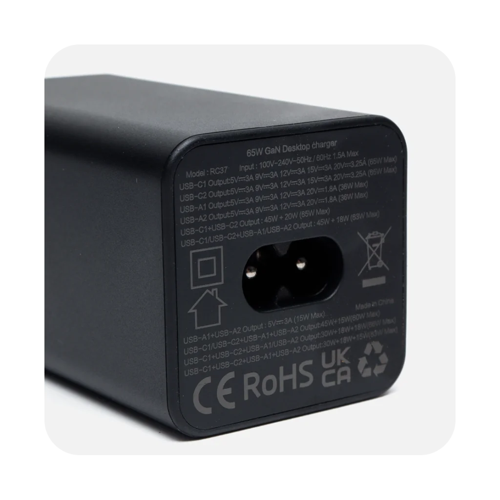 شارژر رومیزی فست شارژ 65W GaN مدل RC37 رسی (Recci Charger 65W GaN 4 Port 150cm Cord RC37)