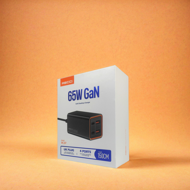 شارژر رومیزی فست شارژ 65W GaN مدل RC37 رسی (Recci Charger 65W GaN 4 Port 150cm Cord RC37)