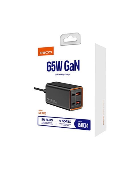 شارژر رومیزی فست شارژ 65W GaN مدل RC37 رسی (Recci Charger 65W GaN 4 Port 150cm Cord RC37)