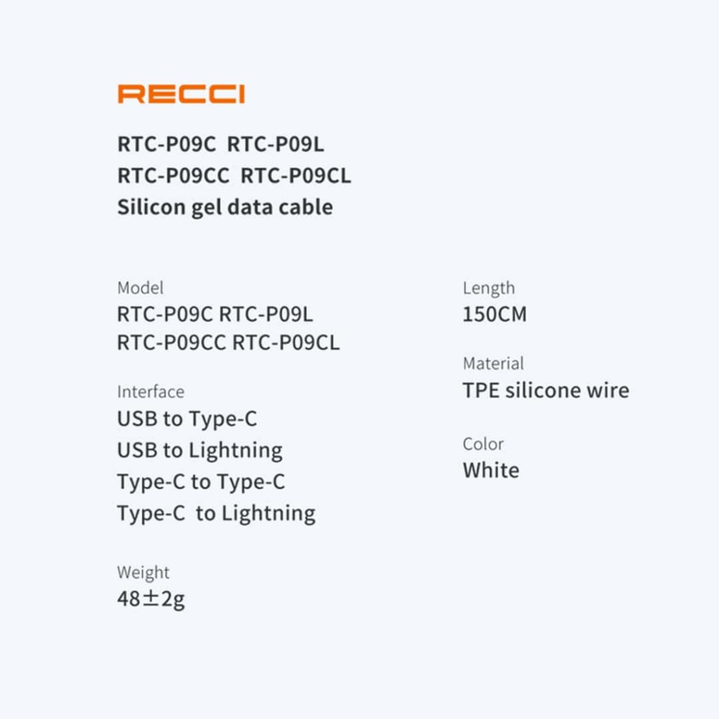 کابل تبدیل USB به USB-C رسی مدل RTC-P09C طول 1.5 متر (Recci Cable RTC-P09C)