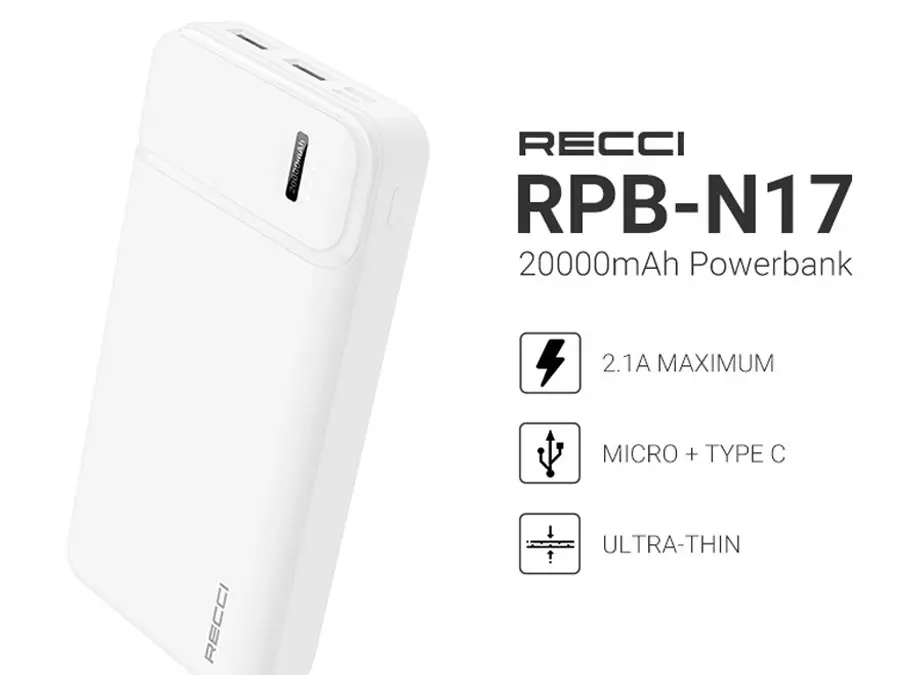 پاوربانک RPB-N17 رسی 20000 میلی‌ آمپر ساعت (Recci RPB-N17 Power Burton Powerbank 20000mAh Battery 2.1A Max Dual USB Output)