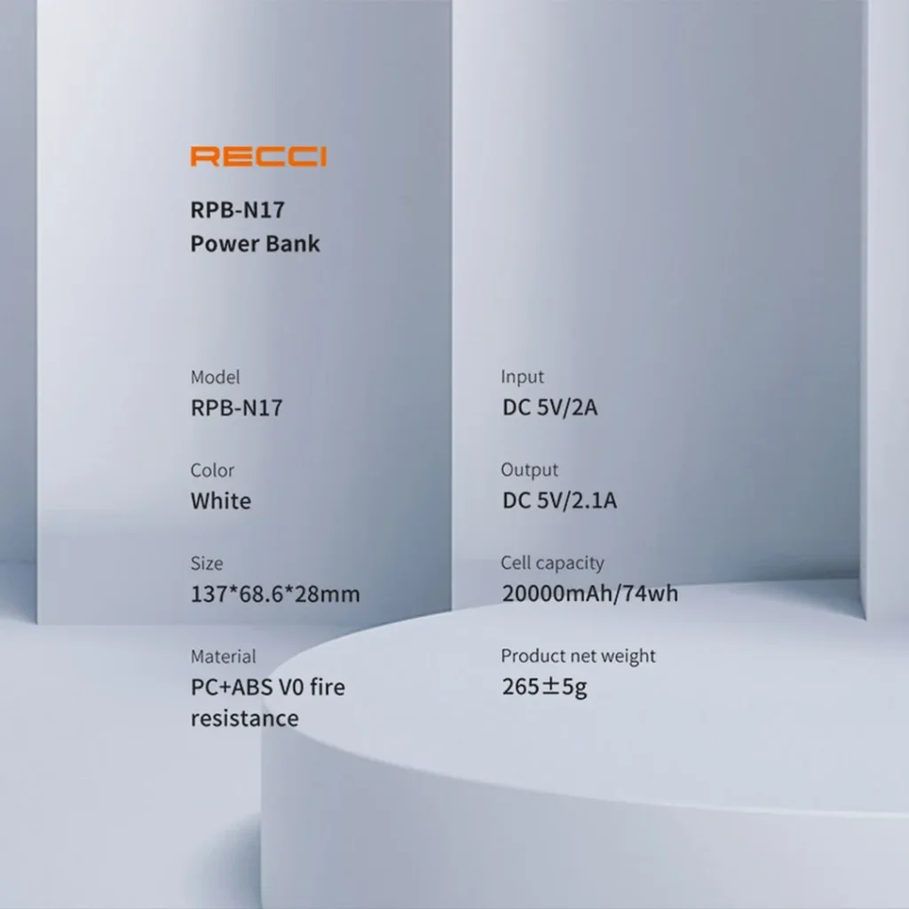پاوربانک RPB-N17 رسی 20000 میلی‌ آمپر ساعت (Recci RPB-N17 Power Burton Powerbank 20000mAh Battery 2.1A Max Dual USB Output)