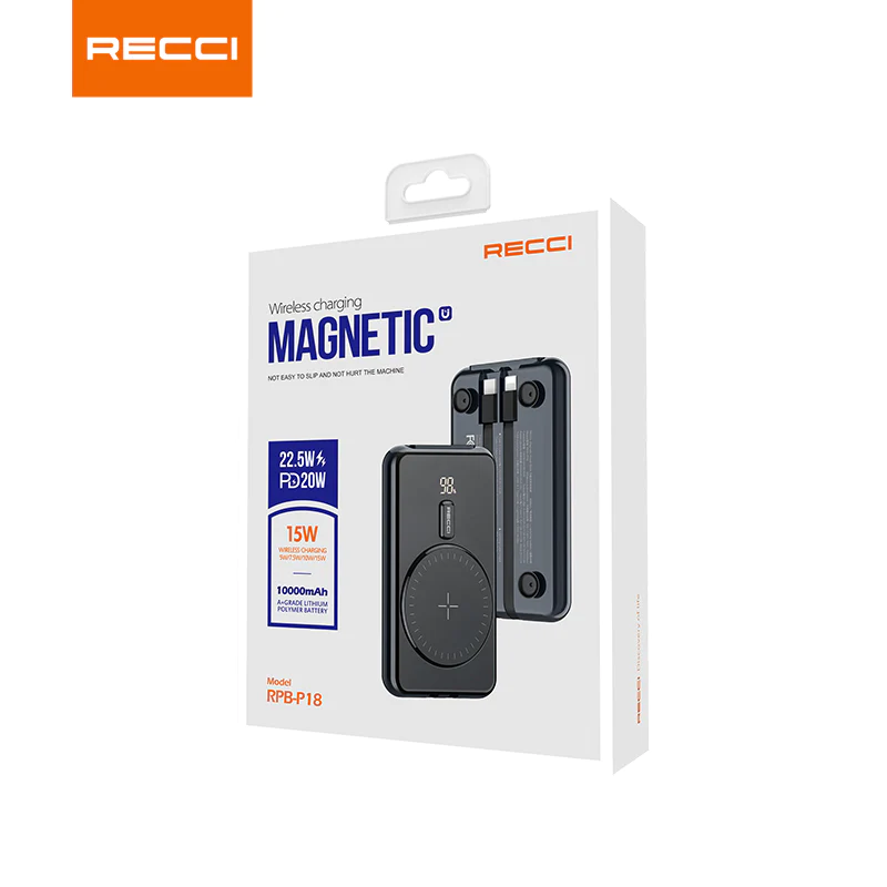 پاوربانک رسی مدل RPB-P18 ظرفیت 10000 میلی آمپر ساعت (Recci PD 20W + 22.5W Magnetic Wireless Power Bank 10000mAh RPB-P18)