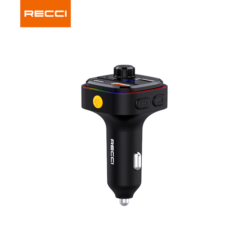 شارژر فندکی تایپ سی و یو اس بی 30 وات و گیرنده بلوتوثی RQ08 رسی (RECCI RQ08 15W+15W MULTI-FUNCTIONAL WITH FM CAR CHARGER)