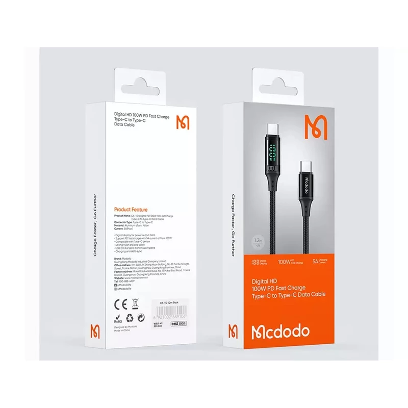 کابل USB-C مک دودو مدل Digital HD 100W PD Fast Charge طول 1.2 متر CA-8820