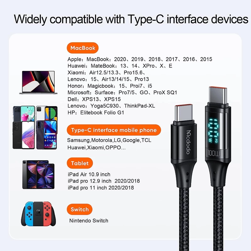 کابل USB-C مک دودو مدل Digital HD 100W PD Fast Charge طول 1.2 متر CA-8820