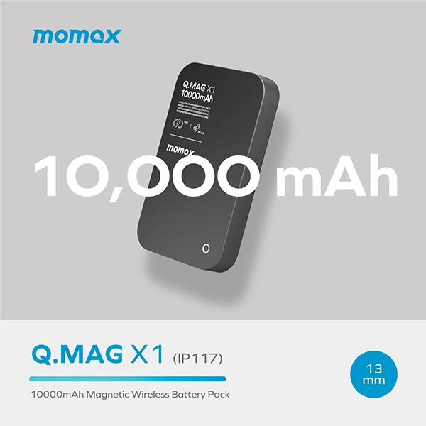 پاوربانک مگنتی momax Q.mag x1 مدل IP117D (13mm ultra slim) ظرفیت 10000 میلی آمپر