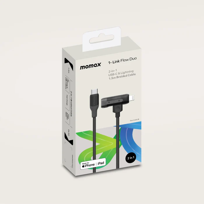 کابل تبدیل 1-Link Flow Duo | USB-C to USB-C & Lightning Braided Cable (1.5m) مومکس (momax)